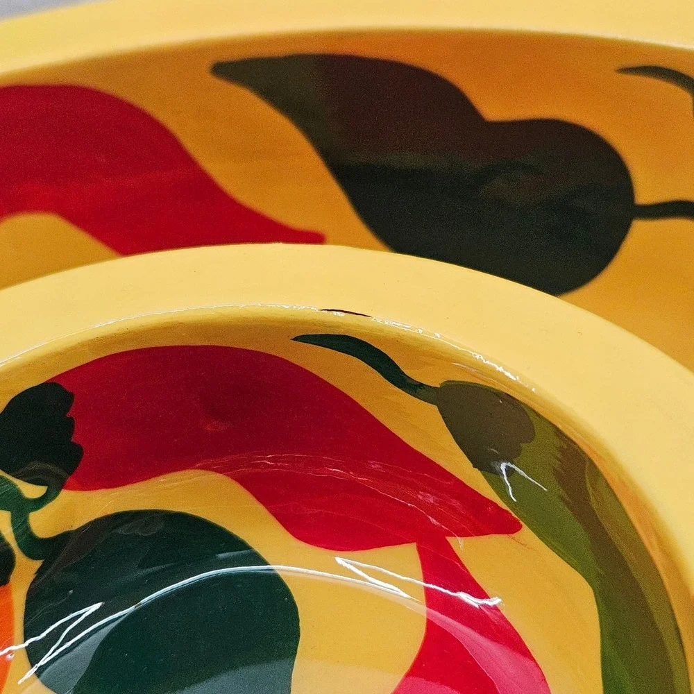 Hand Painted‎ Chili Pepper Wooden Chip & Dip Bowl Set Yellow Southwestern Vtg